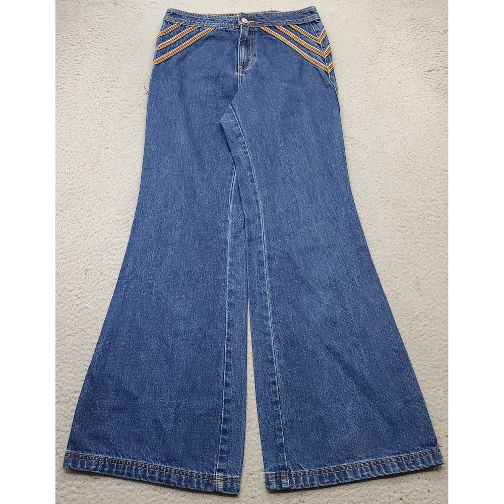 Free People Jeans Womens 27 Blue Denim Embroidered Stripes Waist Flare Leg EUC